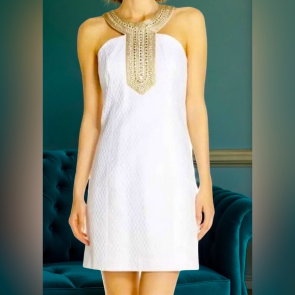 Lilly Pulitzer Dresses & Skirts - Lilly Pulitzer NWT Size 6 Elegant White Halter Dress with Gold Accents (0504)